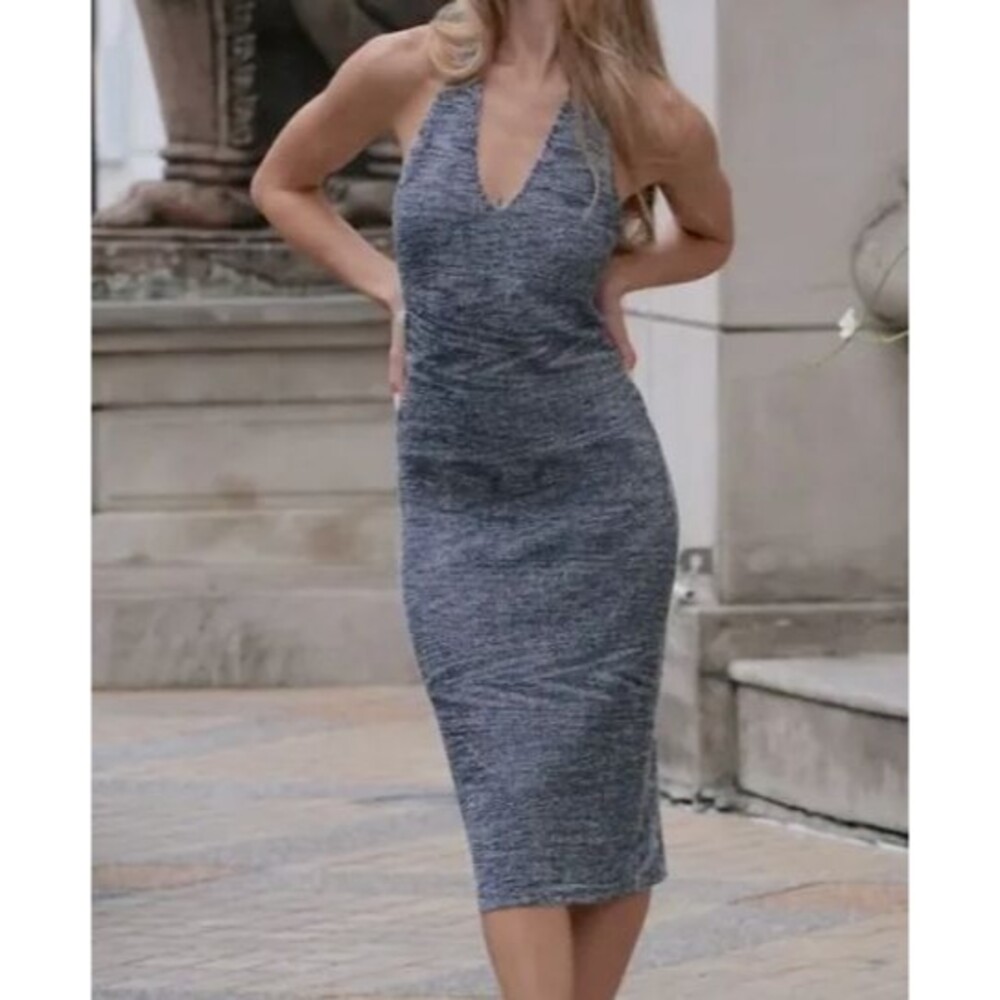 New Rumored Sz M Riptide Midi Dress Montauk Navy Blue Halter style BodyCon Knit